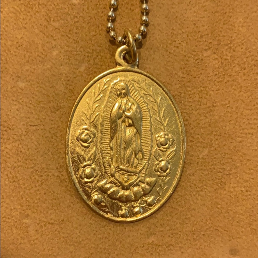 Vintage Virgin of Guadalupe long gold necklace